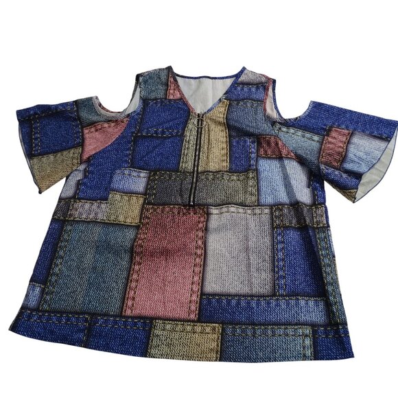 Shein Patchwork Denim Print Cold Shoulder V-neck Top Women Size XL US Size 12 - Picture 1 of 7